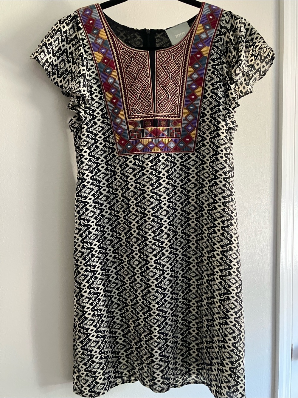 Maeve Black & White Mini Dress with Embroidered Multicolor Yoke small petite